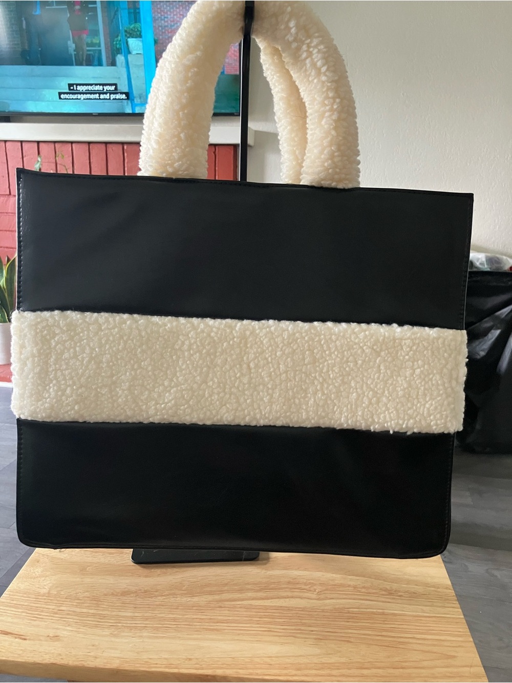 AKIRA Black and Cream Sherpa-Trim Tote